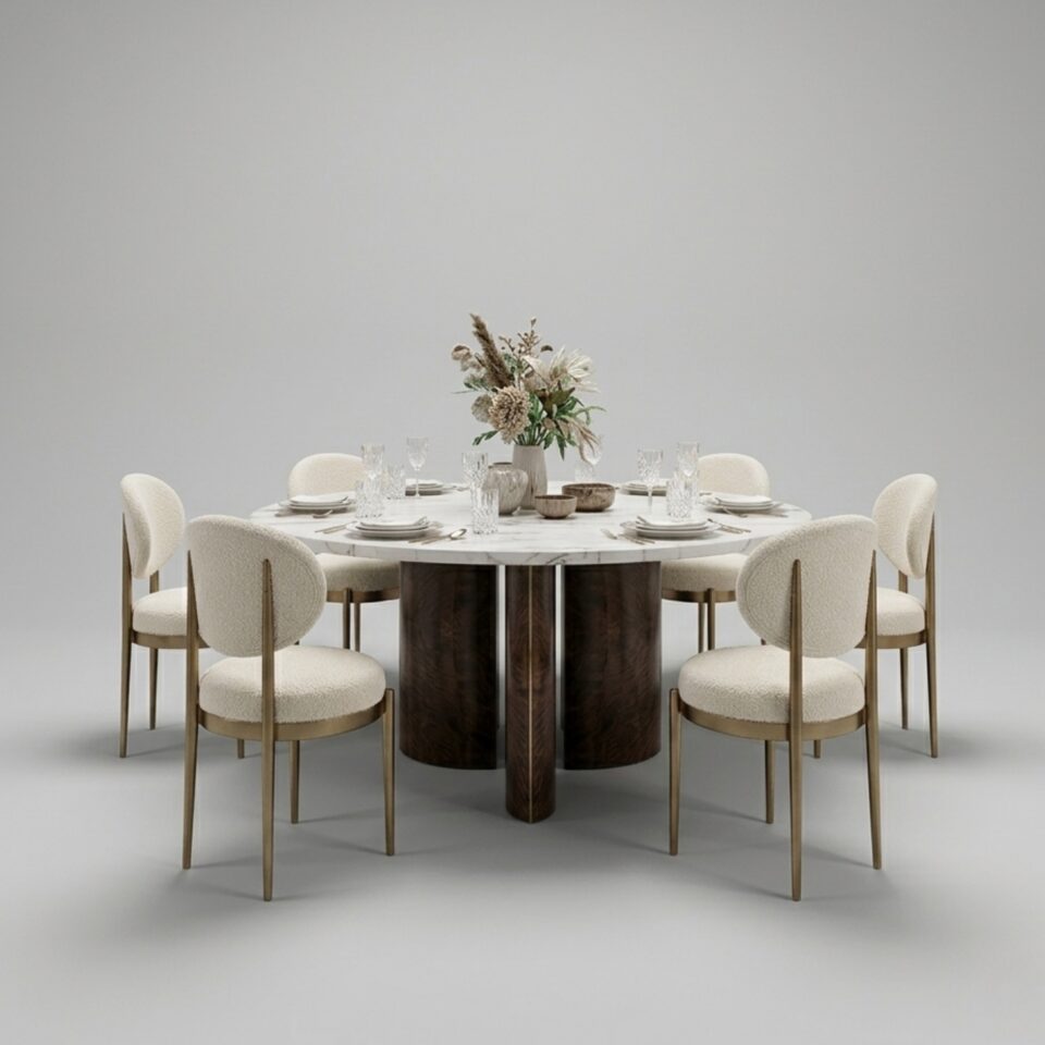luxury 6 seater dining set on a soft grey background