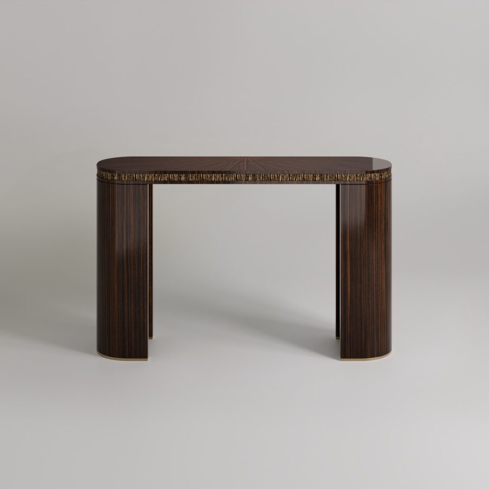 a dark Luxury Console Table set on a soft grey background