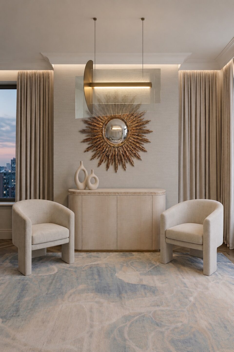 a light veneer Contemporary Luxury Sideboard in a neutrally decorated luxury apartment