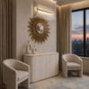 side view of a light veneer Contemporary Luxury Sideboard in a neutrally decorated luxury apartment