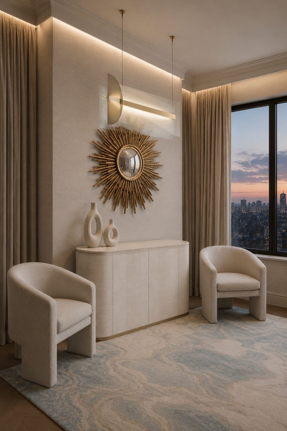 side view of a light veneer Contemporary Luxury Sideboard in a neutrally decorated luxury apartment